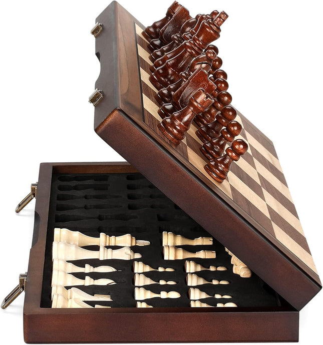 Magnetic Wooden Chess Set 15 Inch Folding Travel Board with Handmade Pieces