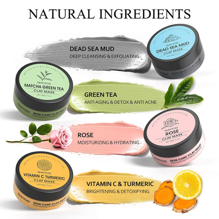 4PCS Face Mask Set – Turmeric, Vitamin C & Green Tea Clay Masks 240g