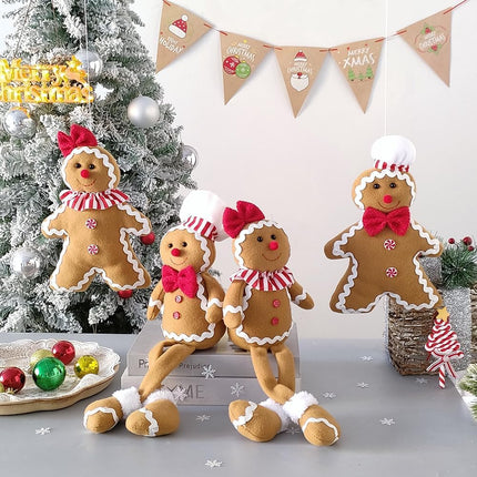 Christmas Plush Gingerbread Figures Boy & Girl with Chef Hat, Bowknot Ornaments Home