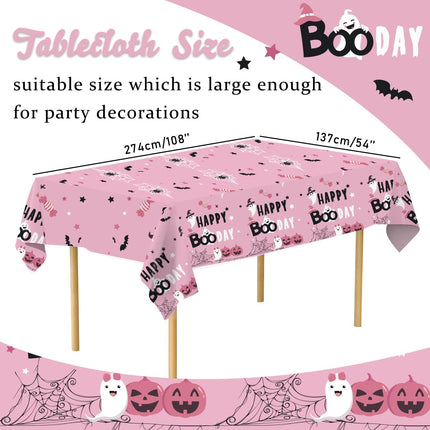 Pink Halloween Birthday Tablecloth, Happy BooDay Pumpkin Ghost Party Table Cover