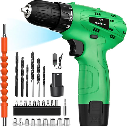 12V Electric Drill Set – Power Drill with LED, Battery, Charger, Bits & 18+1 Torque Settings