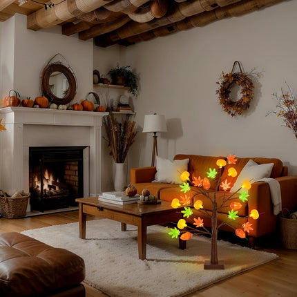 Thanksgiving LED Maple Tree 24" with 3D Pumpkin Light Fall Home Table Decoration