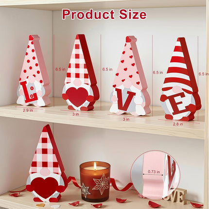 Valentine’s Day Wooden Gnome Sign Set: 4 Pcs Red & Pink Tiered Tray Decor