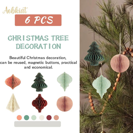 6PCS Mini 3D Glitter Paper Ornaments – Red & Green Xmas Tree Decorations