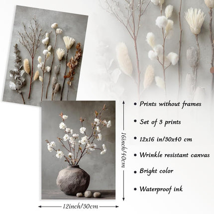 3Pcs Wabi Sabi Botanical Canvas Wall Art Set, Rustic Neutral Farmhouse Decor