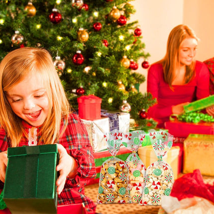 50PCS Christmas Treat Bags – Red & Green Candy Print Cellophane Candy Bags for Holiday Gifts