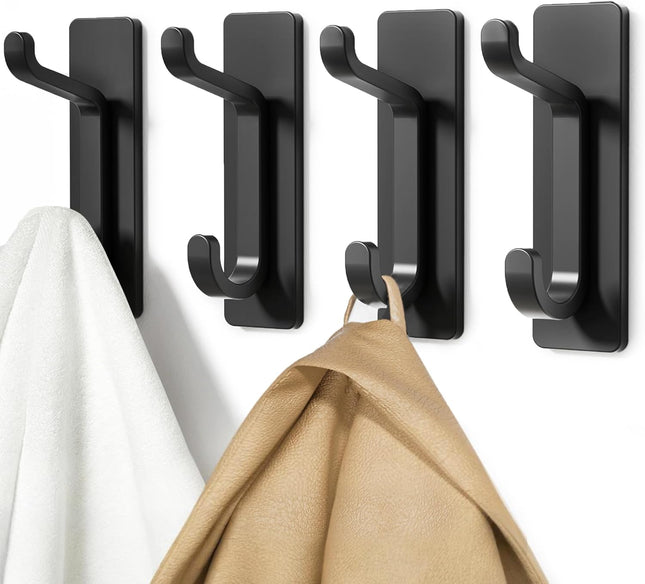 4 Pack Black Adhesive Wall Hooks for Coats Towels and Door Hanging