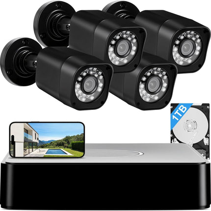 1080P Wired Security Camera System, 8CH DVR, 1TB HDD, 4x 5MP IP68 Cameras