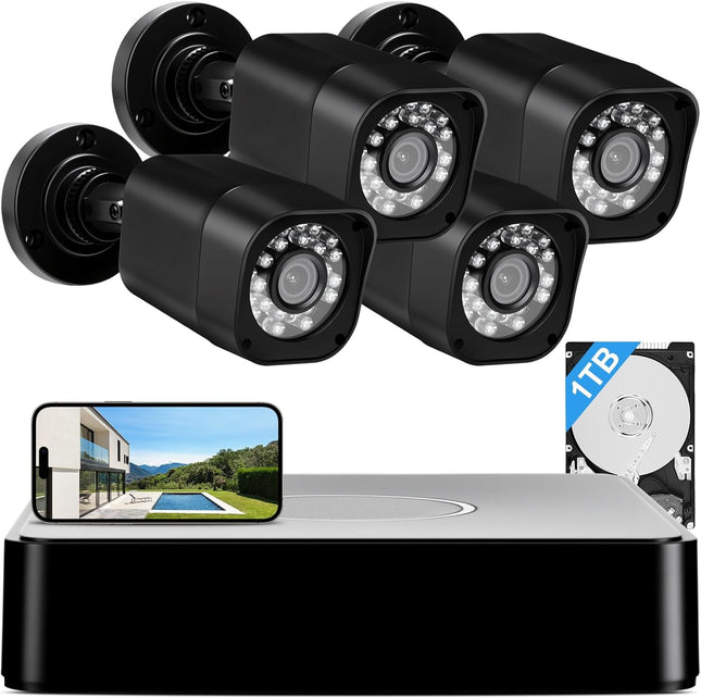 1080P Wired Security Camera System, 8CH DVR, 1TB HDD, 4x 5MP IP68 Cameras