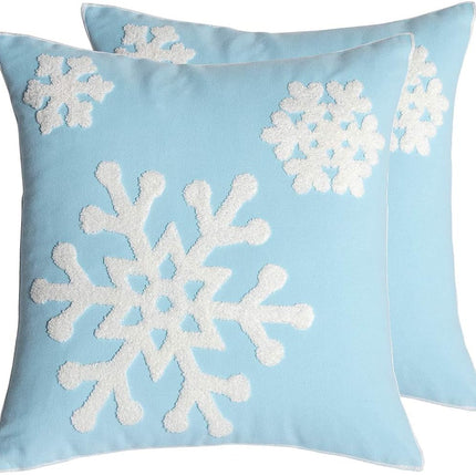 2PCS Blue Christmas Pillow Covers – 18x18 Snowflake Embroidered Cotton Decor