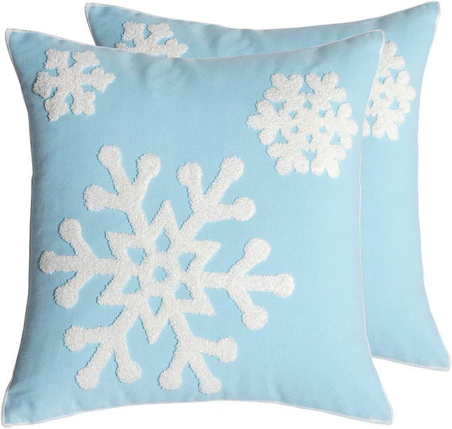 2PCS Blue Christmas Pillow Covers – 18x18 Snowflake Embroidered Cotton Decor