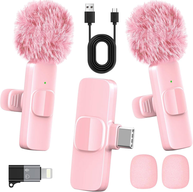 Pink Wireless Lavalier Mic – Clip-On, Noise Cancelling, 65ft Range for iPhone/Android