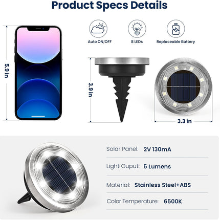 10 Pack Solar Ground Lights Outdoor Cool White IP65 Waterproof Stainless Steel