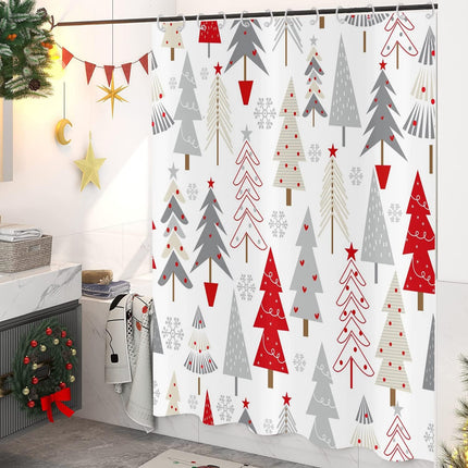 Christmas Tree Shower Curtain – Grey, Beige & Red with Stars, Snowflakes for Holiday Bathroom