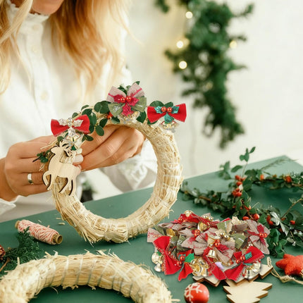 25 PCS Mini Christmas Bows with Bells Linen DIY Ornaments 2.2 Inch