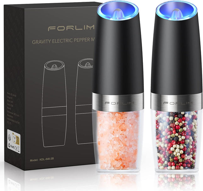 Gravity Electric Salt & Pepper Grinder Set – LED, Adjustable Coarseness, Black