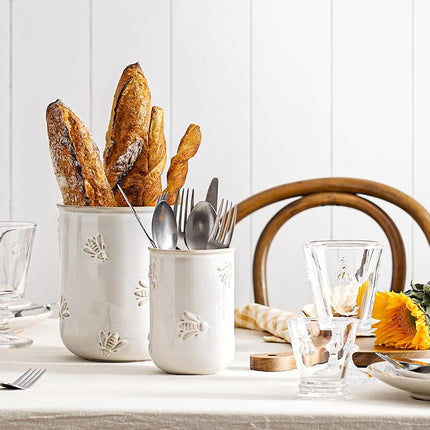Ceramic Utensil Holder Set of 2 – 6.9" & 5.3" Embossed Kitchen Crocks