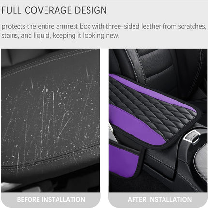 Patchwork Leather Car Center Console Cover with Side Pocket Armrest Organizer Purple