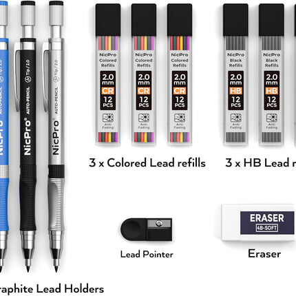 11-Piece 2mm Mechanical Pencil Set – Colored Pencils, Drafting Tools & Accessories