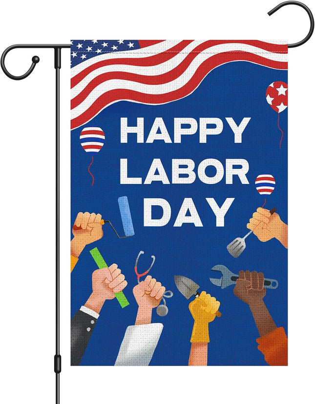 Happy Labor Day Garden Flag 12x18 Double Sided Burlap Tools USA Flag Only