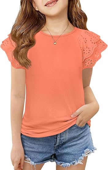 Girls Summer T Shirt Ruffle Sleeve Casual Top Crewneck 7-8 Years