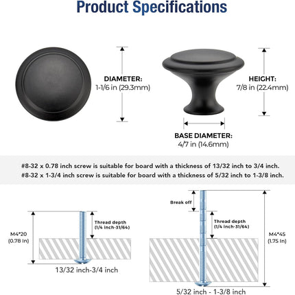 18 Pack Matte Black Cabinet Knobs 30mm Drawer Pulls with Screws Set
