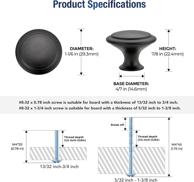 18 Pack Matte Black Cabinet Knobs 30mm Drawer Pulls with Screws Set