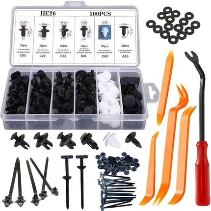 100PCS Car Bumper Push Retainer Clips, 6-Type Nylon Rivets & 5 Remover Tools