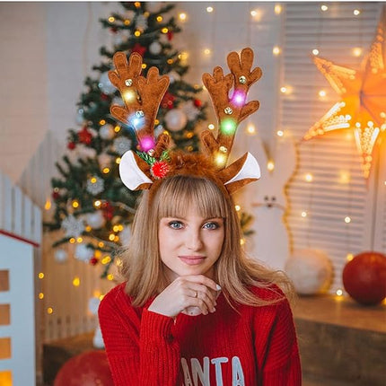 LED Reindeer Antlers Headband with Bells – Light Up Christmas Hairband
