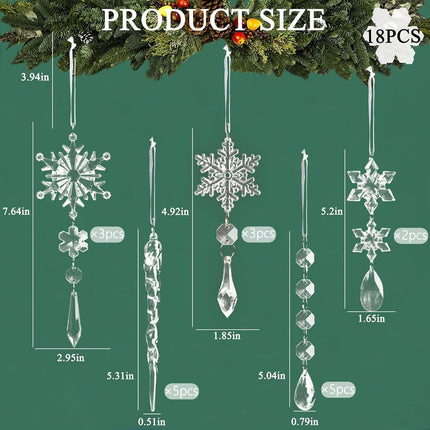 18PCS Crystal Christmas Ornaments – Snowflake & Icicle Tree Decorations