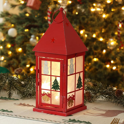 Christmas Lantern Decor 15" – Red Metal Candle Holder with Snowman & LED String
