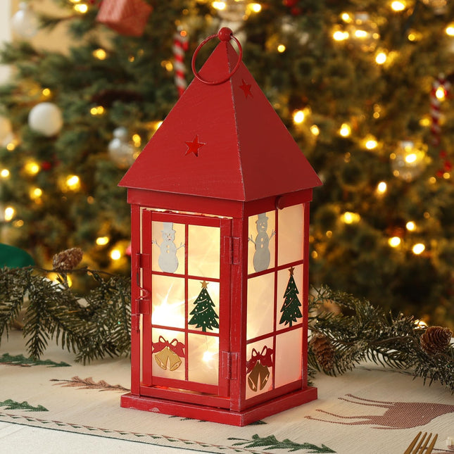 Christmas Lantern Decor 15" – Red Metal Candle Holder with Snowman & LED String