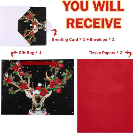 Christmas Gift Bags 13" | Reindeer & Poinsettia Paper Bags with Tissue & Card