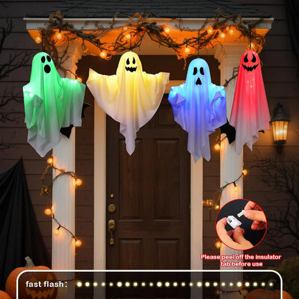 4-Pack Light-Up Hanging Ghosts, Halloween Haunted House Decor for Indoor & Outdoor