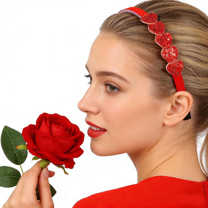 Valentine’s Day Heart Headband for Women: Red Glitter Sparkling Hairband