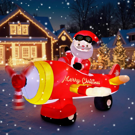 8FT Inflatable Santa on Airplane – LED Lights, Outdoor Xmas Decoration
