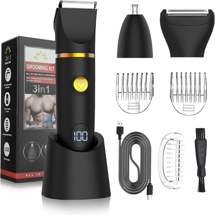 3-in-1 Body Trimmer Men, Waterproof Grooming Kit with Nose & Groin Trimmer, LED Display