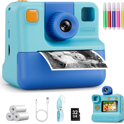 Kids Instant Print Camera FHD Selfie Digital Video Camera Blue for Ages 3-12