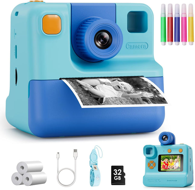 Kids Instant Print Camera FHD Selfie Digital Video Camera Blue for Ages 3-12