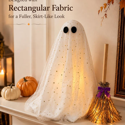 Halloween Lighted Ghost & Witch Broom Set, Fluffy DIY Decor for Mantel & Entryway