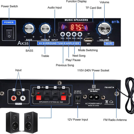 AK35 Home Audio Amplifier, 200W Bluetooth 5.0, FM/USB/SD, Remote Control