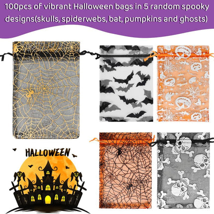100PCS 4x6in Halloween Organza Goodie Bags, Drawstring Candy & Party Favor Pouches