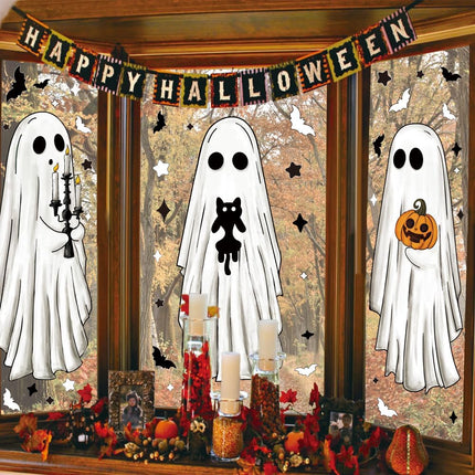 3-Sheet Large Halloween Ghost Window Clings, Bat Cat Pumpkin Glass Decals & Decor
