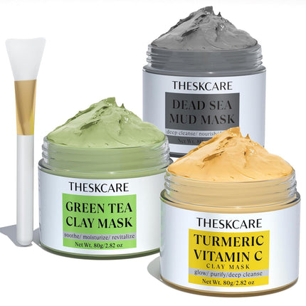 3PCS Clay Mask Set with Turmeric Vitamin C Dead Sea Mud & Green Tea