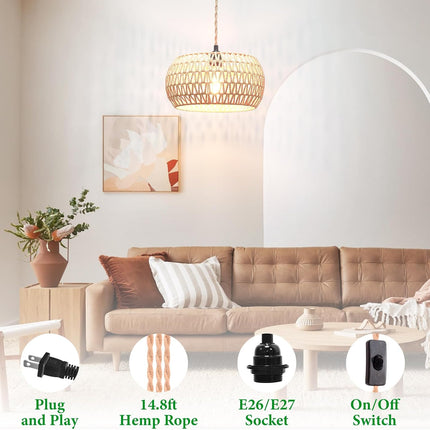 Plug In Rattan Pendant Light Woven Shade 14.8Ft Cord E26 E27 Hanging Lamp with Switch
