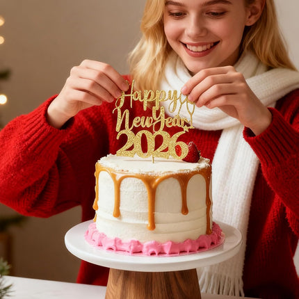Gold Glitter Happy New Year 2026 Cake Topper NYE Party Decorations