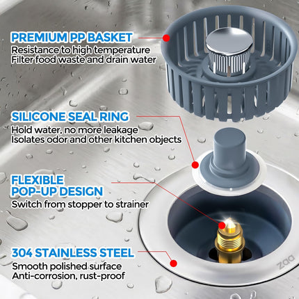 3-in-1 Kitchen Sink Drain Strainer Stopper Stainless Steel Pop-Up Basket Silver