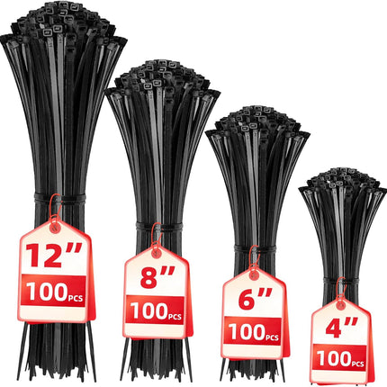 400 Pack Self-Locking Cable Ties – Assorted Sizes for Home, Office & Garden (Black)