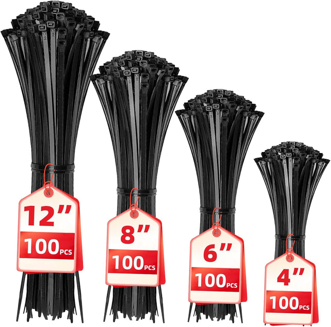 400 Pack Self-Locking Cable Ties – Assorted Sizes for Home, Office & Garden (Black)