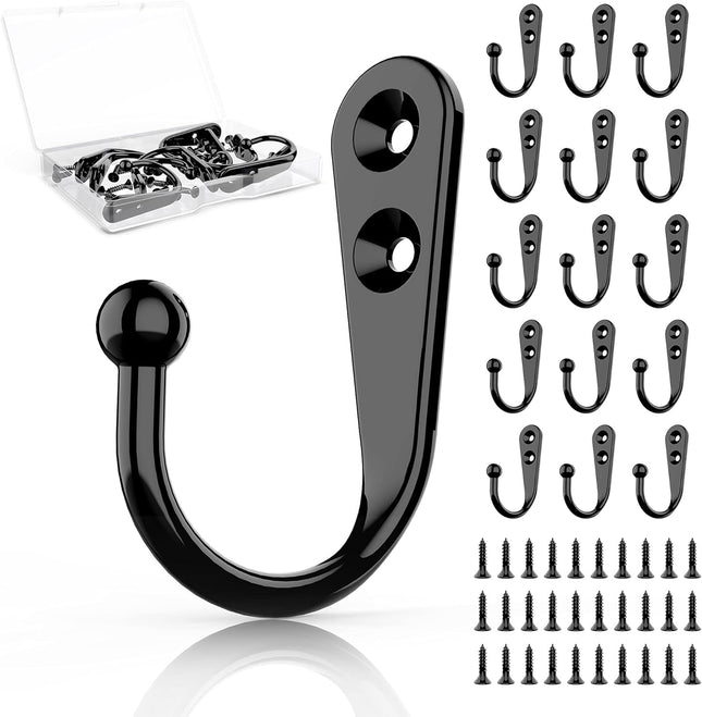 15-Pack Black Wall Hooks – Includes 30 Screws, Hanger for Coats, Hats, Bags